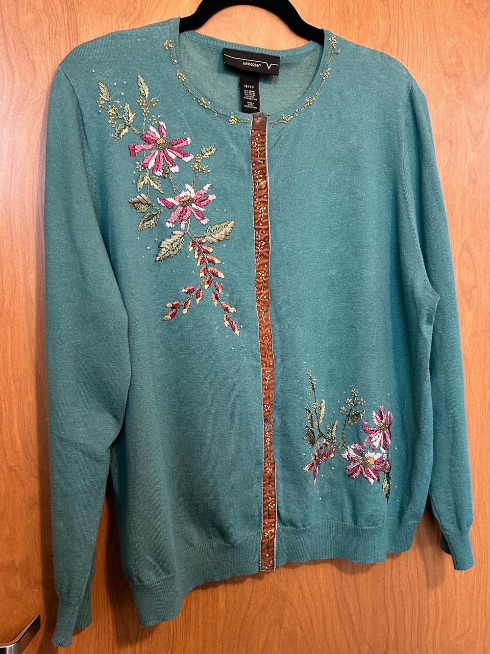 Vintage Venezia Teal Floral Embroidered Cardigan - Size 18/20